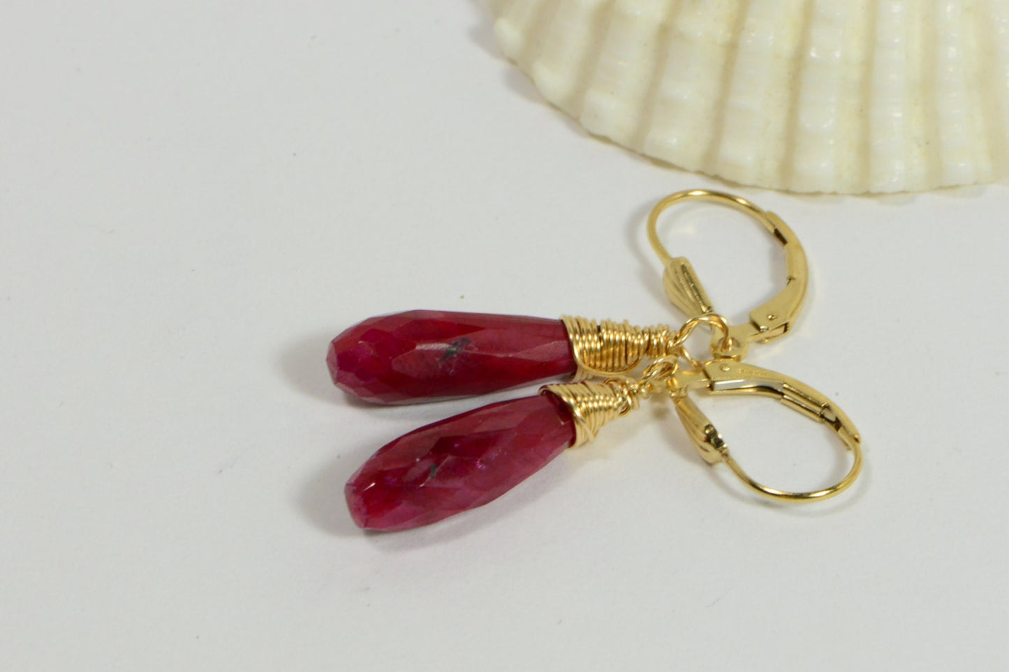 Gold Filled Wire Wrapped Ruby Teardrop Earrings - July Birthstone