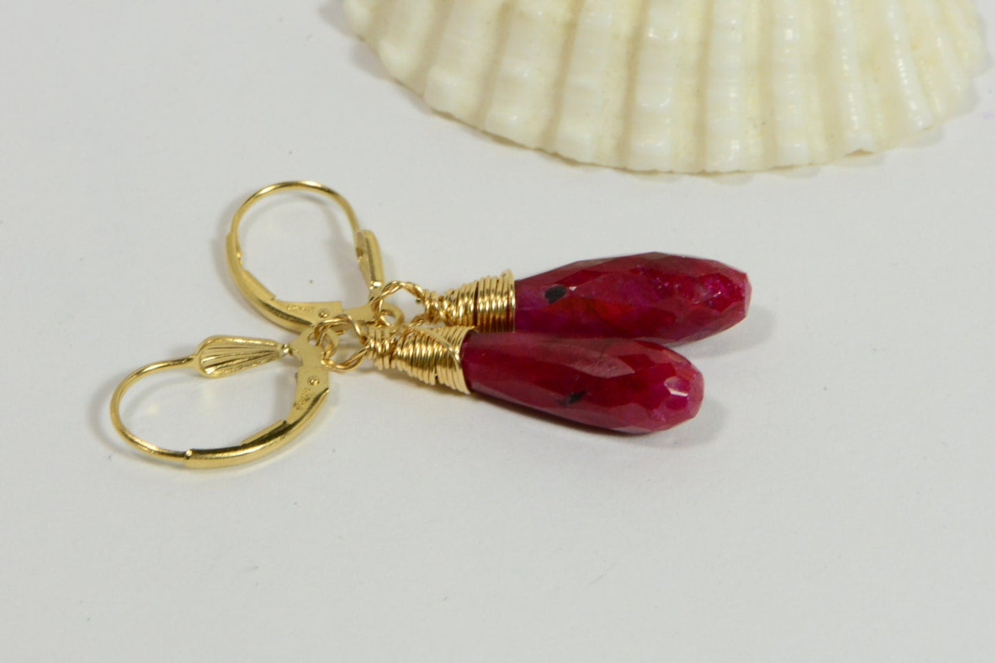 Gold Filled Wire Wrapped Ruby Teardrop Earrings - July Birthstone