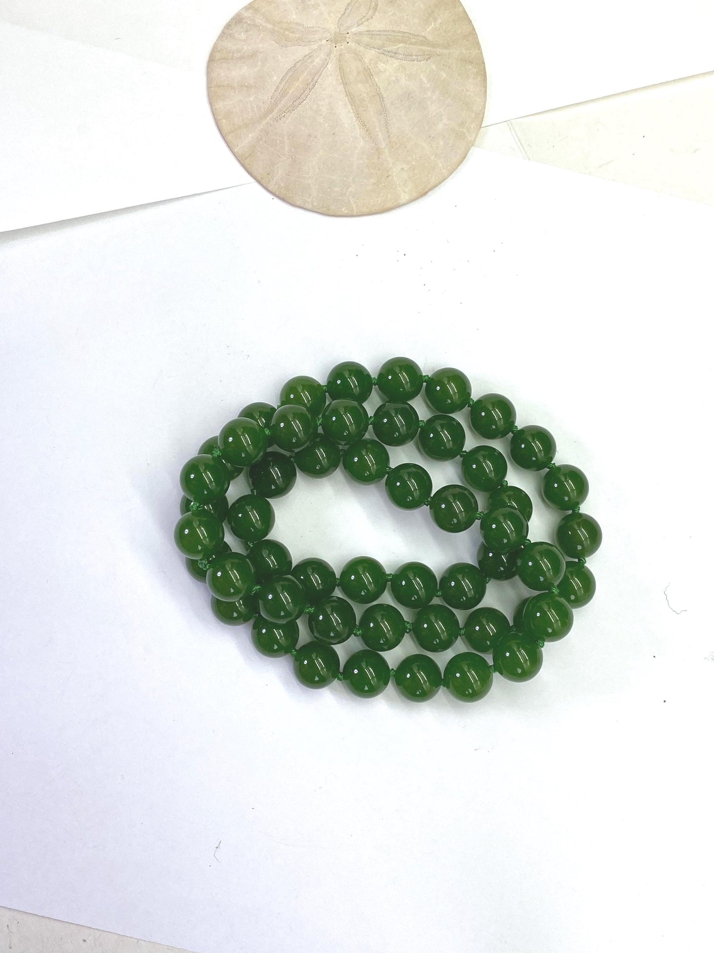 Hand-Knotted Green Jade Mala Necklace: Burma Gemstone, 26 inch 8mm Stones