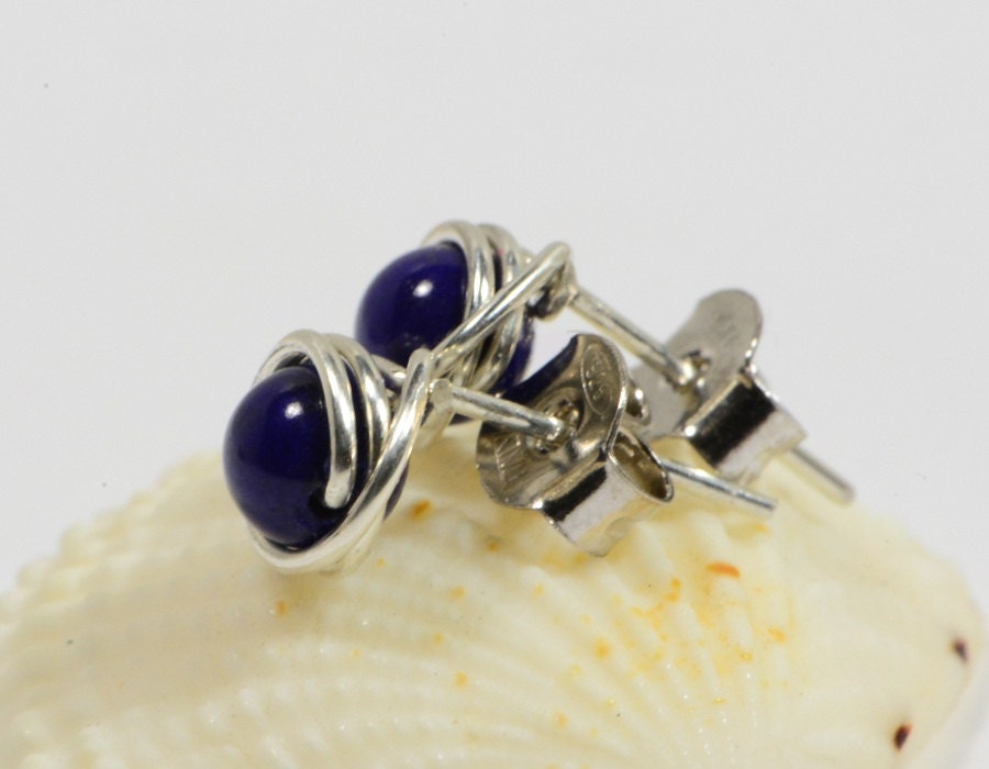 Lapis Lazuli Stud Earrings, Sterling Silver Wire Wrapped Posts
