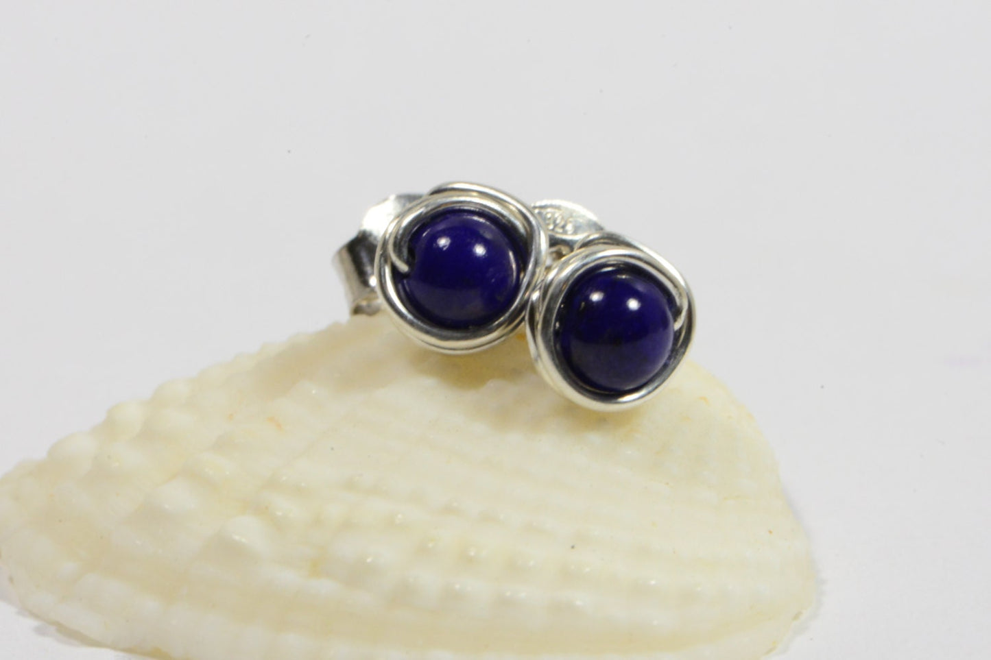 Lapis Lazuli Stud Earrings, Sterling Silver Wire Wrapped Posts