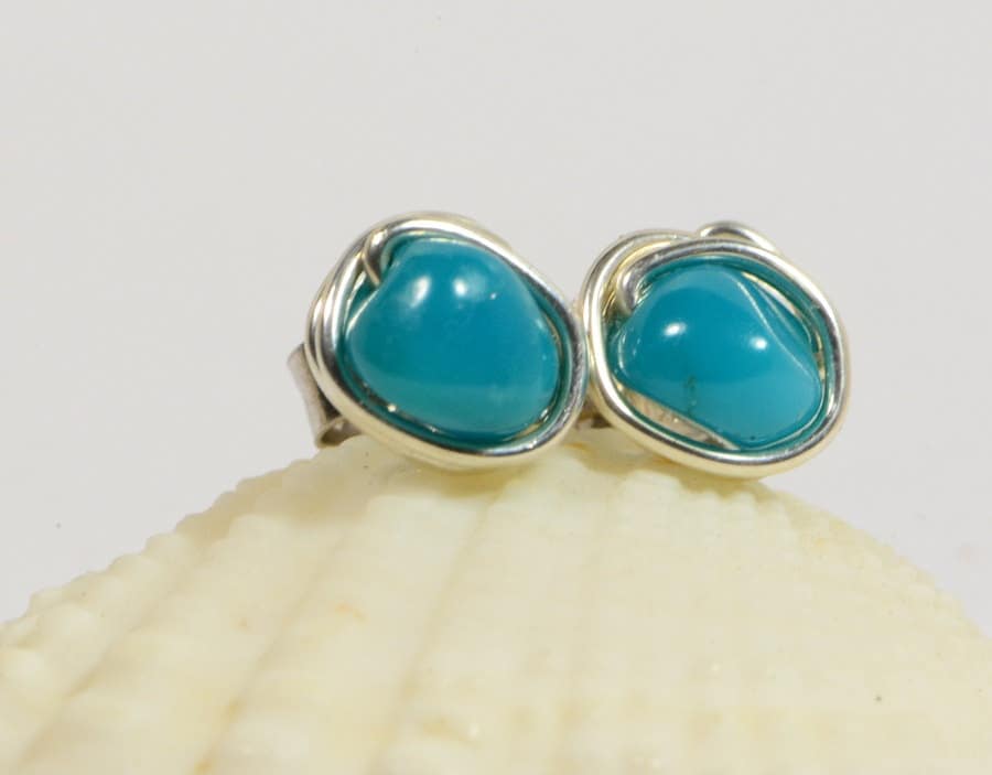 Sleeping Beauty Turquoise Studs, Sterling Silver Wire Wrapped Earrings