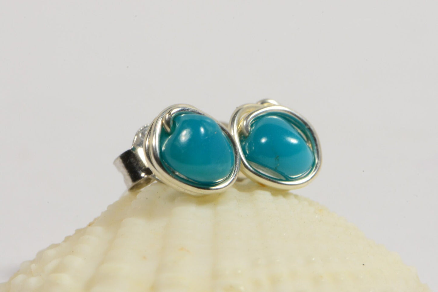 Sleeping Beauty Turquoise Studs, Sterling Silver Wire Wrapped Earrings