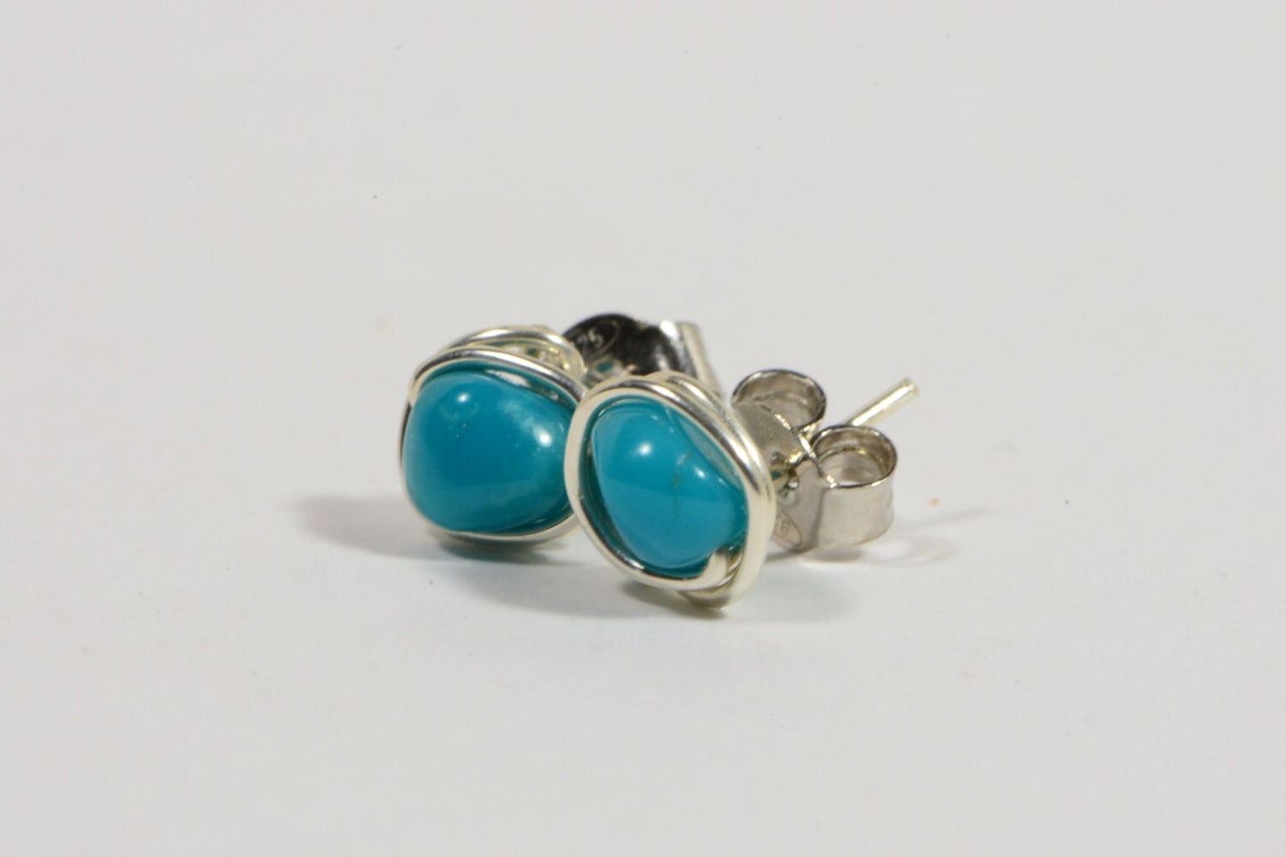 Sleeping Beauty Turquoise Studs, Sterling Silver Wire Wrapped Earrings