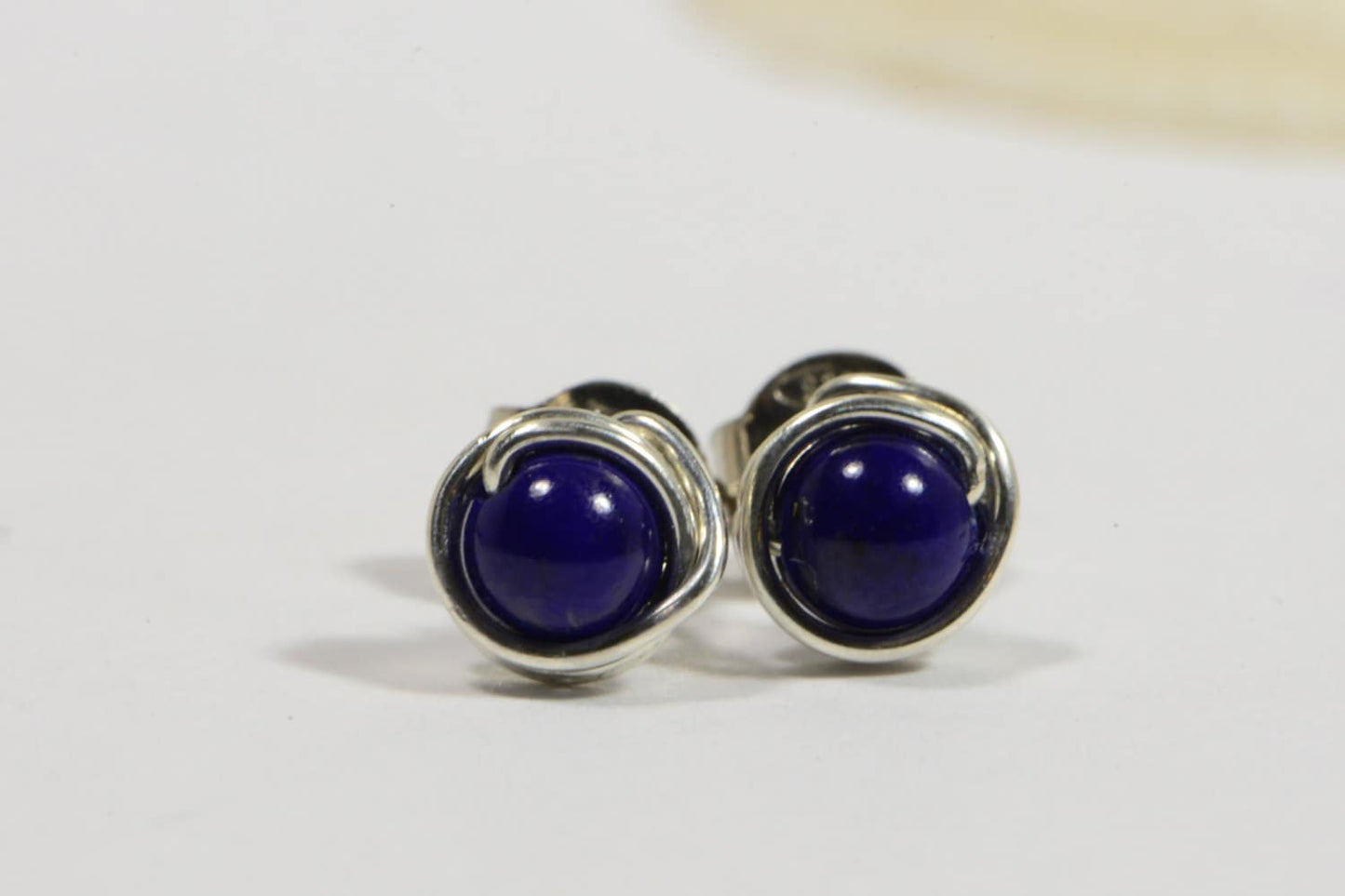 Lapis Lazuli Stud Earrings, Sterling Silver Wire Wrapped Posts