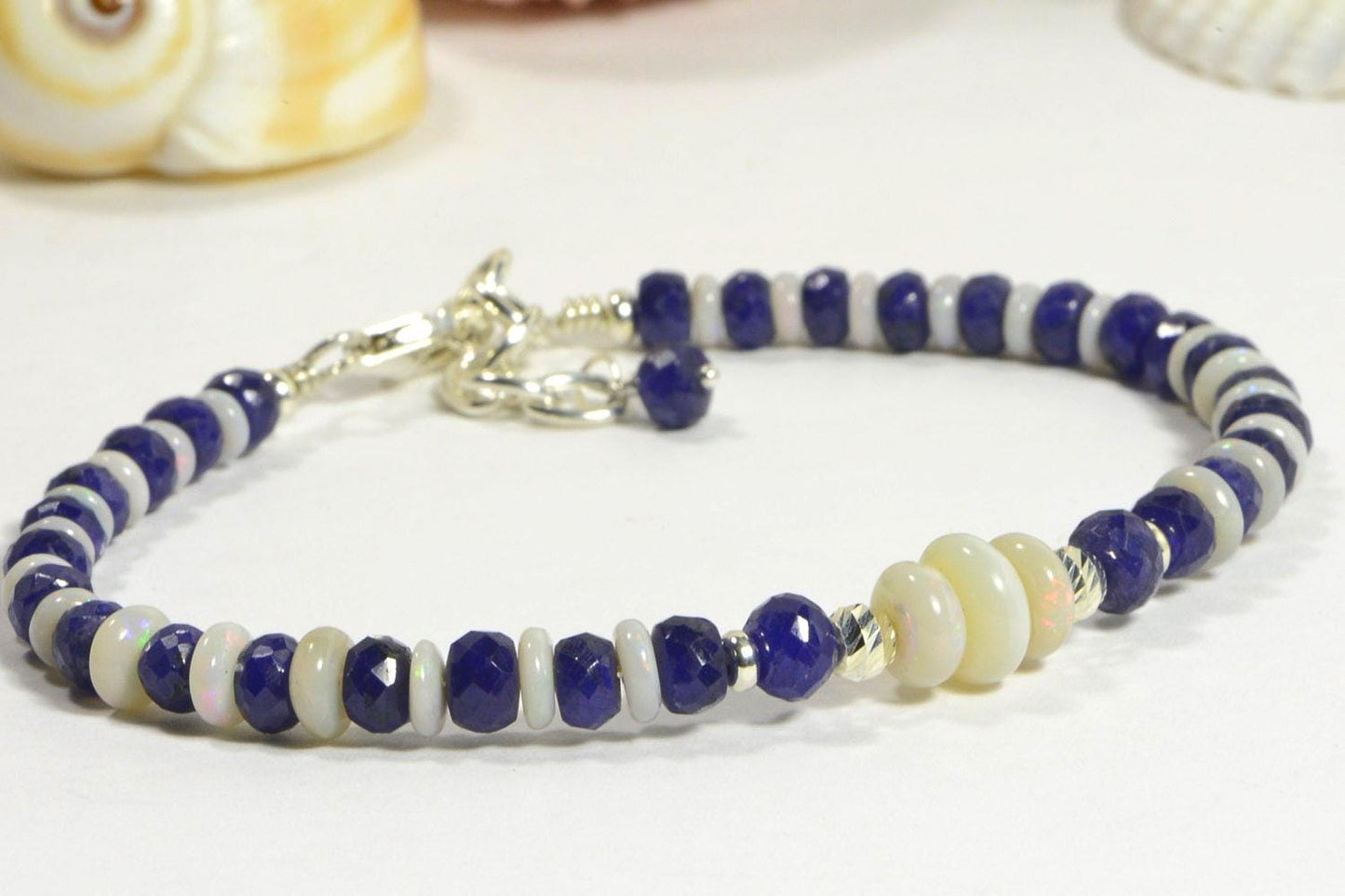 Australian White Opal & Sapphire Sterling Silver Bracelet