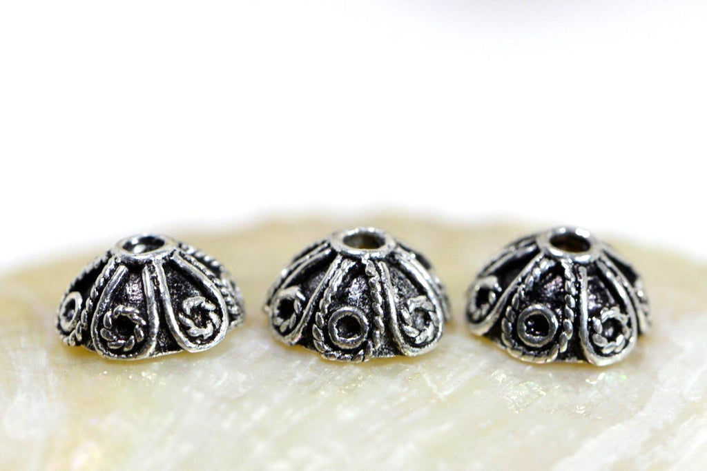 Sterling Silver Plated Bead Caps: Antique Dome Jewelry Findings (6, 7-8mm)