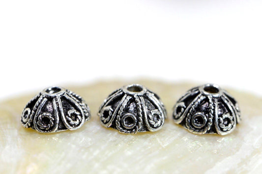 Sterling Silver Plated Bead Caps: Antique Dome Jewelry Findings (6, 7-8mm)