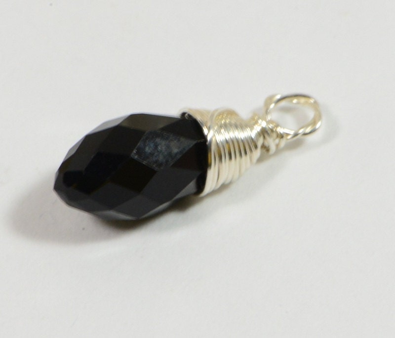 Black Charm Teardrop wire wrapped on sterling silver Birthstone Charm Personalized Pendant