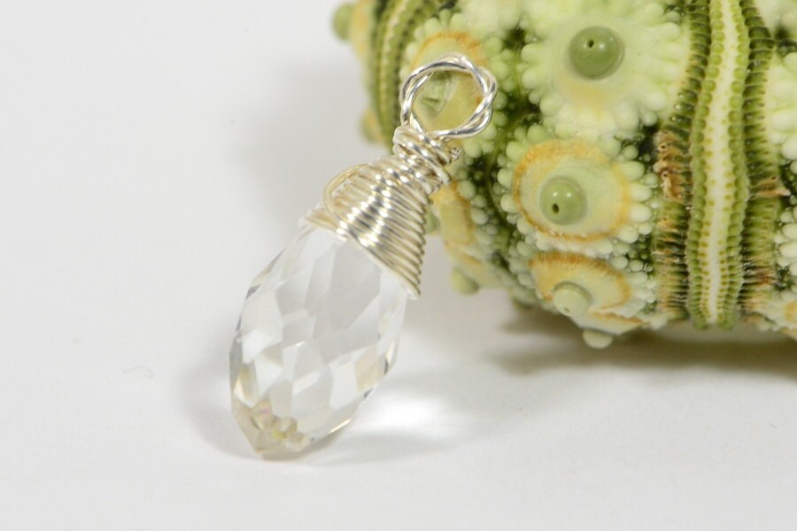 Clear Teardrop wire wrapped on sterling silver Birthstone Charm Personalized Pendant