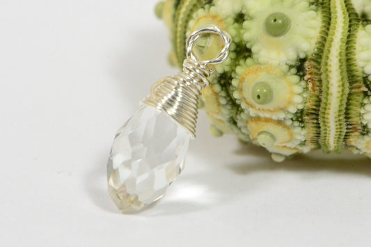 Clear Teardrop wire wrapped on sterling silver Birthstone Charm Personalized Pendant
