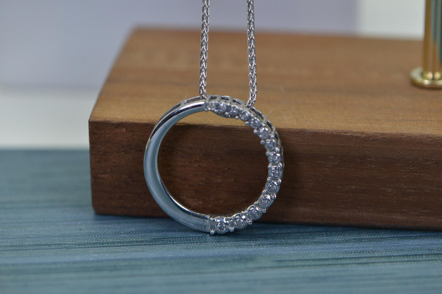 Diamond Circle Pendant 14K White Gold over Sterling Silver Vintage Pendant