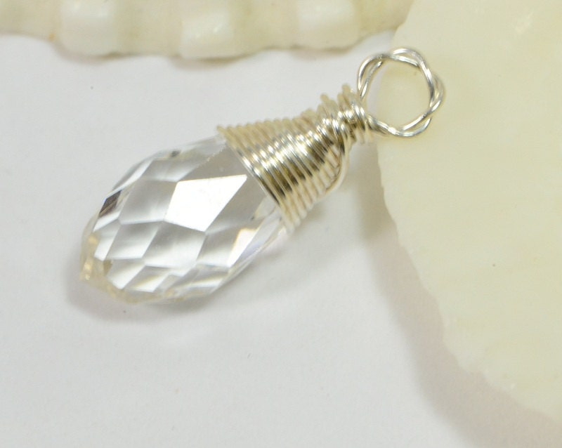 Clear Teardrop wire wrapped on sterling silver Birthstone Charm Personalized Pendant