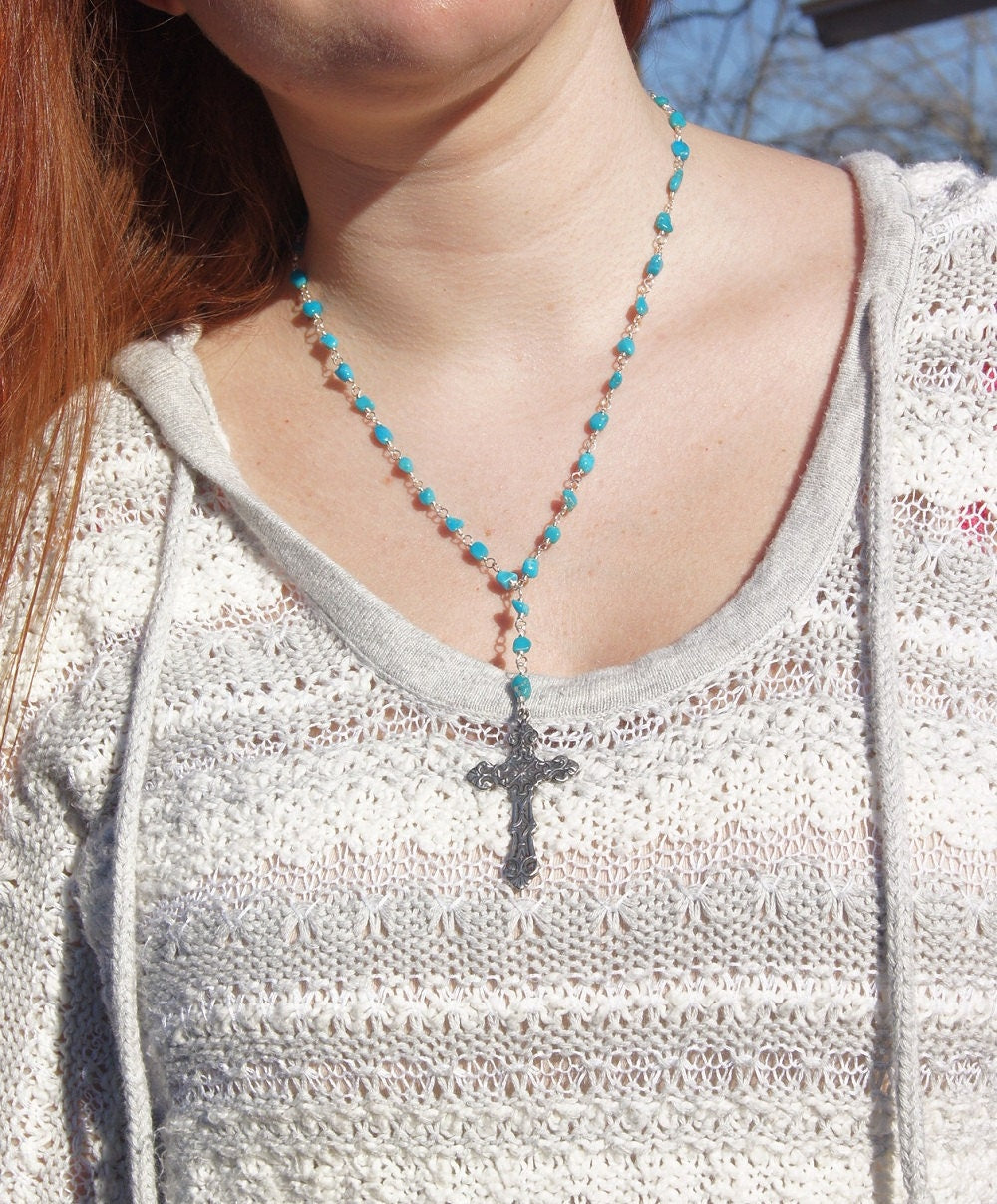 Sleeping Beauty Turquoise Rosary Necklace: Sterling Silver Cross, December Birthstone