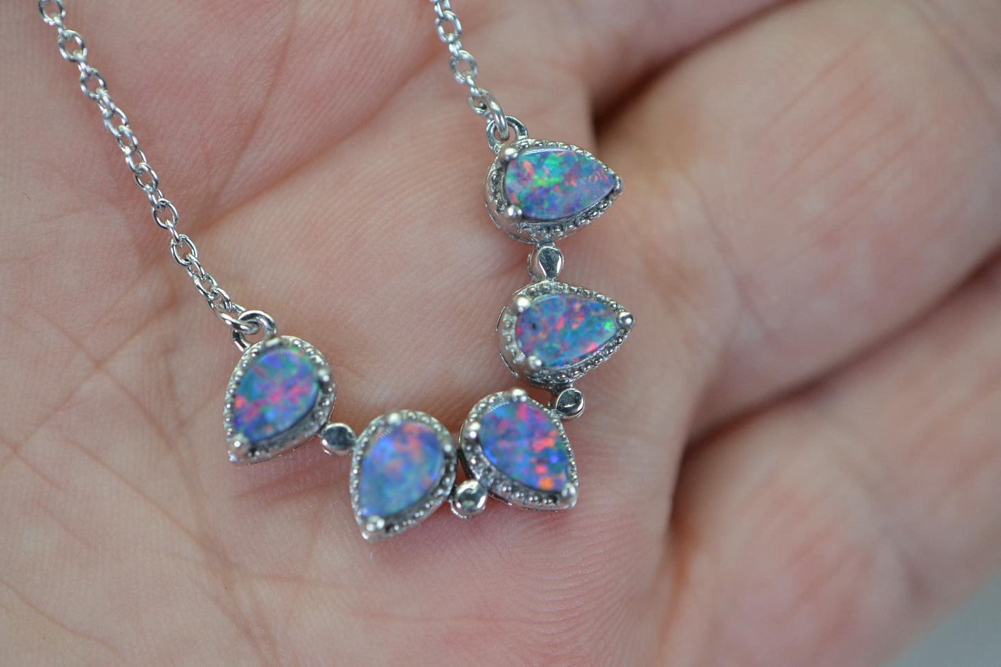 Australian Black Opal 5 stone  Necklace  Sterling Silver Hand Made Birthstone Gift