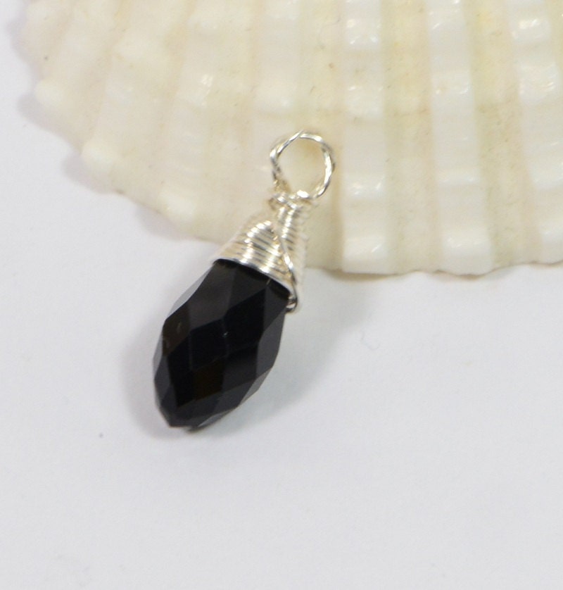 Black Charm Teardrop wire wrapped on sterling silver Birthstone Charm Personalized Pendant