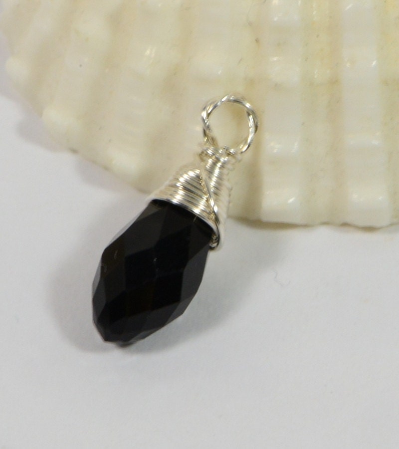 Black Charm Teardrop wire wrapped on sterling silver Birthstone Charm Personalized Pendant