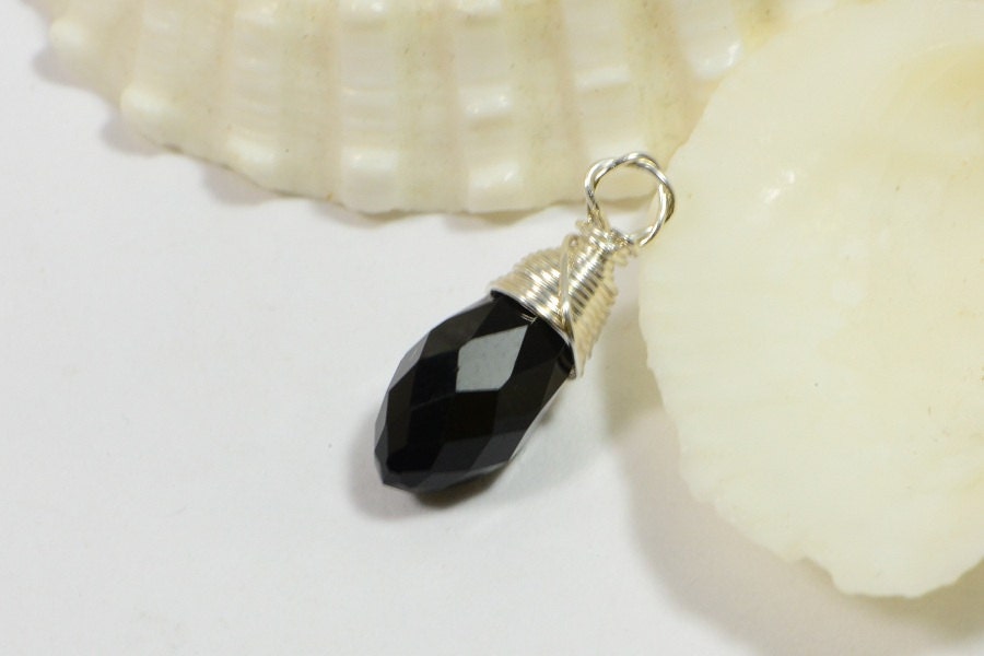 Black Charm Teardrop wire wrapped on sterling silver Birthstone Charm Personalized Pendant