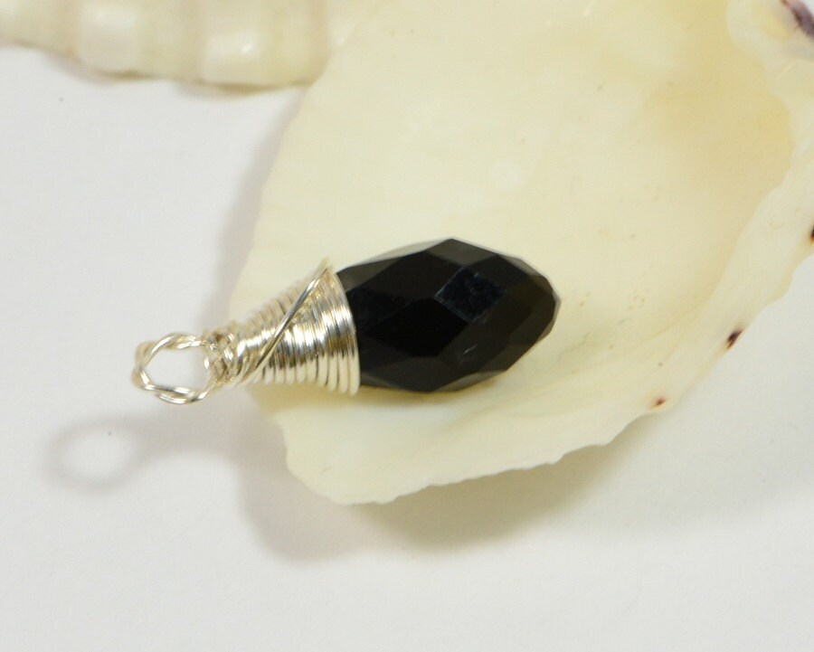 Black Charm Teardrop wire wrapped on sterling silver Birthstone Charm Personalized Pendant