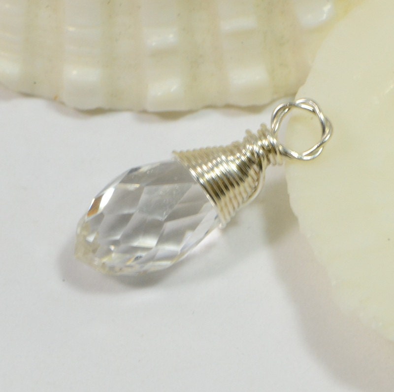 Clear Teardrop wire wrapped on sterling silver Birthstone Charm Personalized Pendant