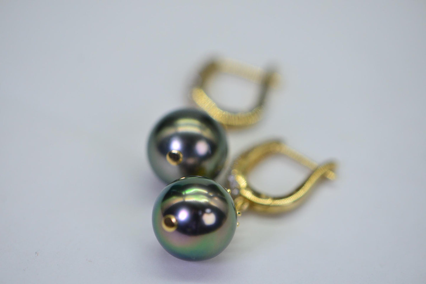Tahitian Black Pearl Dangle Earrings: CZ, 14K Gold Over Sterling