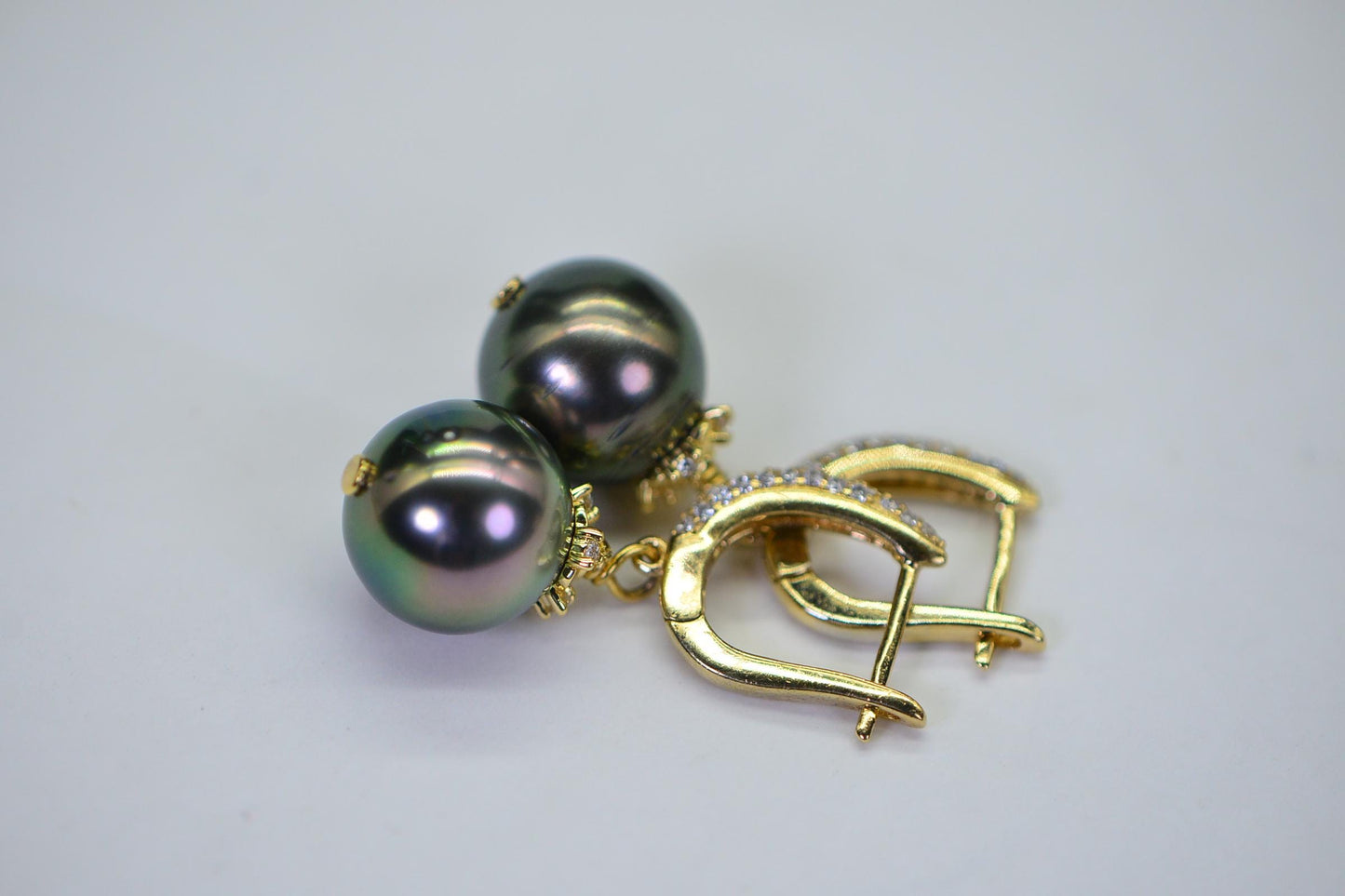 Tahitian Black Pearl Dangle Earrings: CZ, 14K Gold Over Sterling