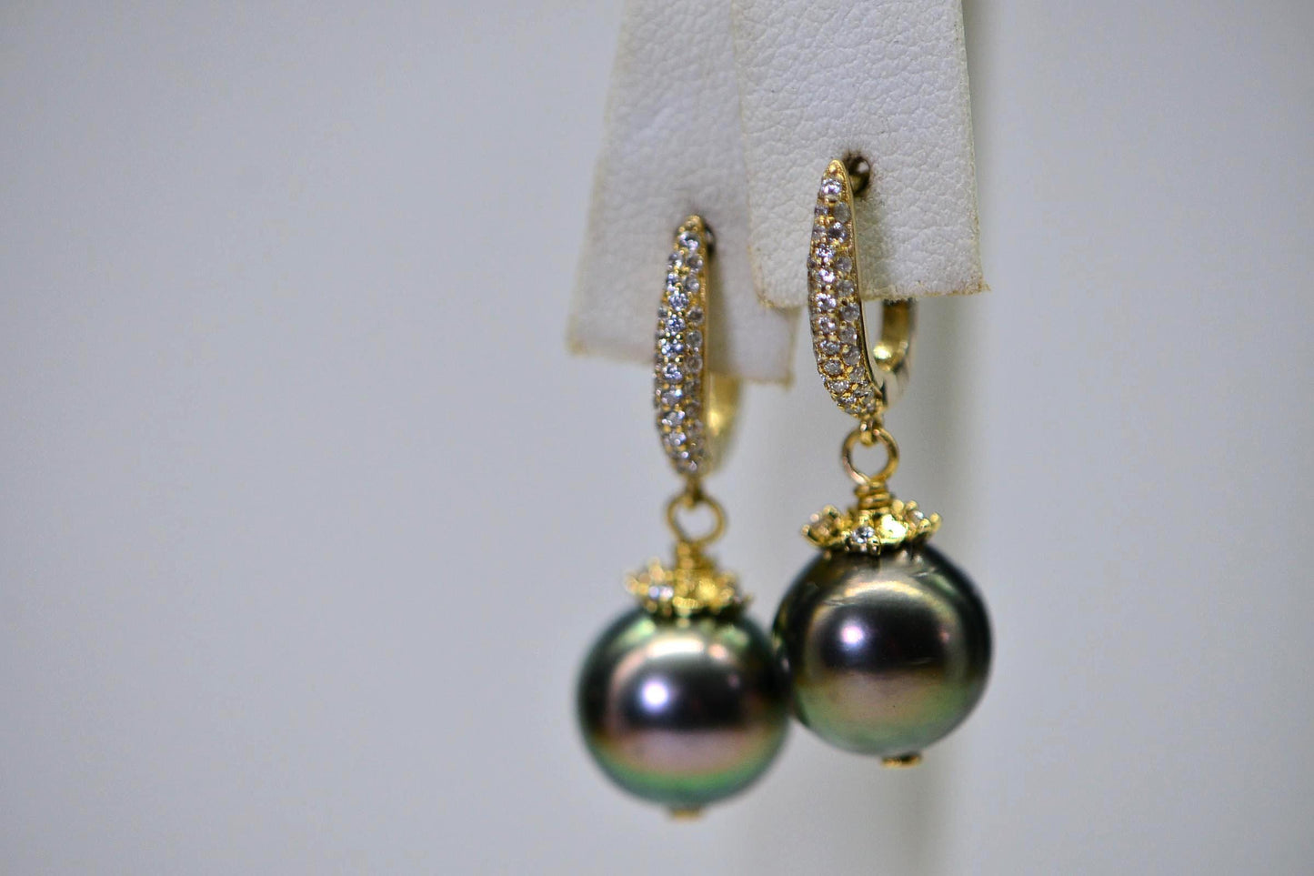 Tahitian Black Pearl Dangle Earrings: CZ, 14K Gold Over Sterling