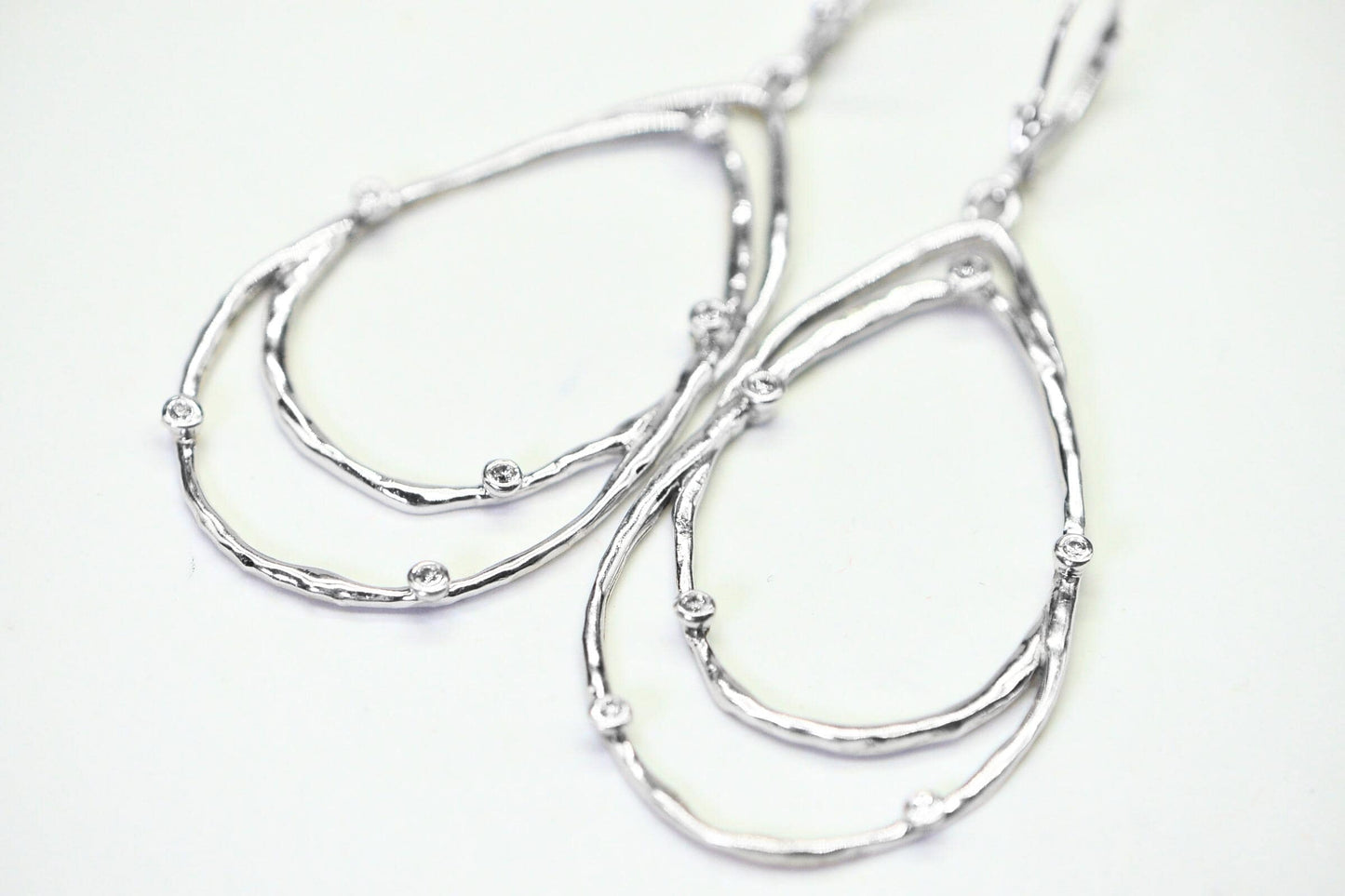 Elegant Sterling Silver Open Teardrop Earrings  Minimalist Dangle Earrings with CZ Accents