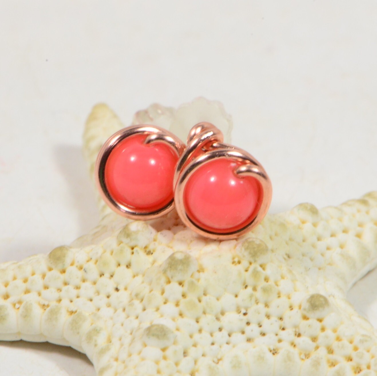 Salmon Pink Wire Wrapped Studs Earrings Copper Jewelry