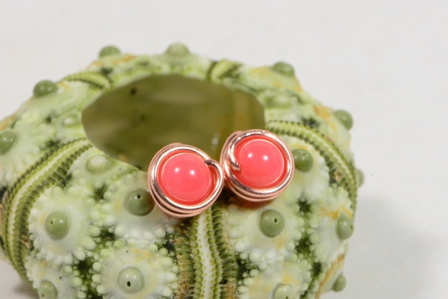 Salmon Pink Wire Wrapped Studs Earrings Copper Jewelry