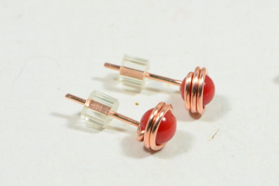 Red Coral Stud Earrings: Handmade Copper Wire Wrapped Jewelry