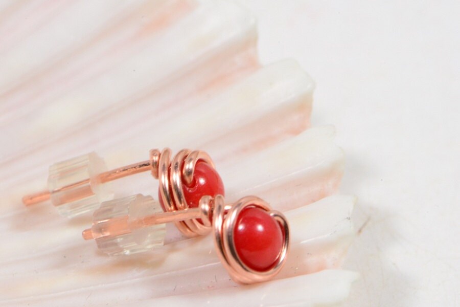 Red Coral Stud Earrings: Handmade Copper Wire Wrapped Jewelry