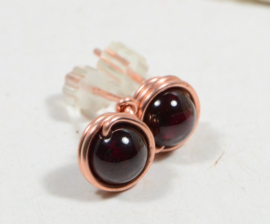 Red Garnet Copper wire wrapped studs earring Garnet post earrings Gift for her