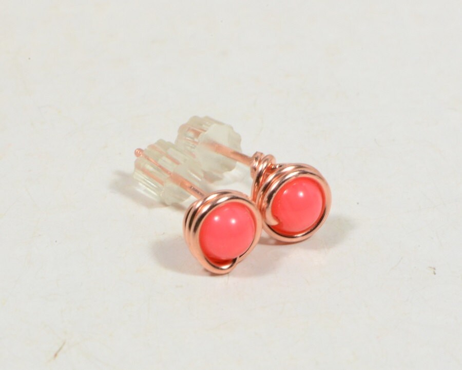 Salmon Pink Wire Wrapped Studs Earrings Copper Jewelry