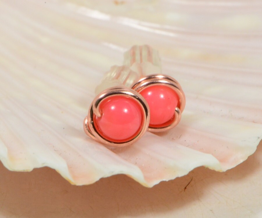 Salmon Pink Wire Wrapped Studs Earrings Copper Jewelry