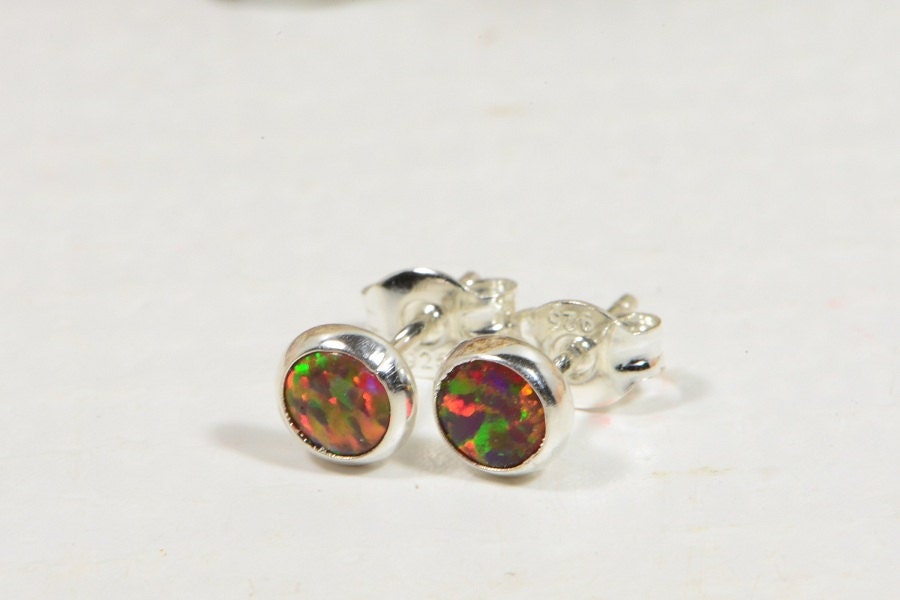 Black Fire Opal Sterling Silver Stud Earrings: Tiny Gemstone Jewelry