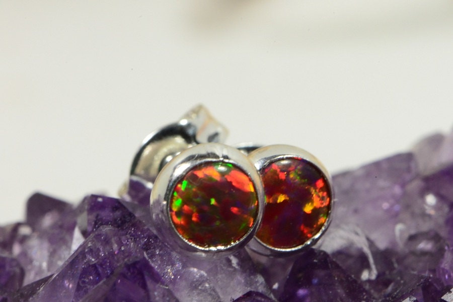 Black Opal Stud Earrings Tiny Post Earrings Bezel Setting Gemstone Jewelry Birthstone October