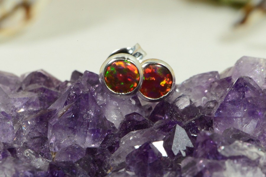 Black Opal Stud Earrings Tiny Post Earrings Bezel Setting Gemstone Jewelry Birthstone October