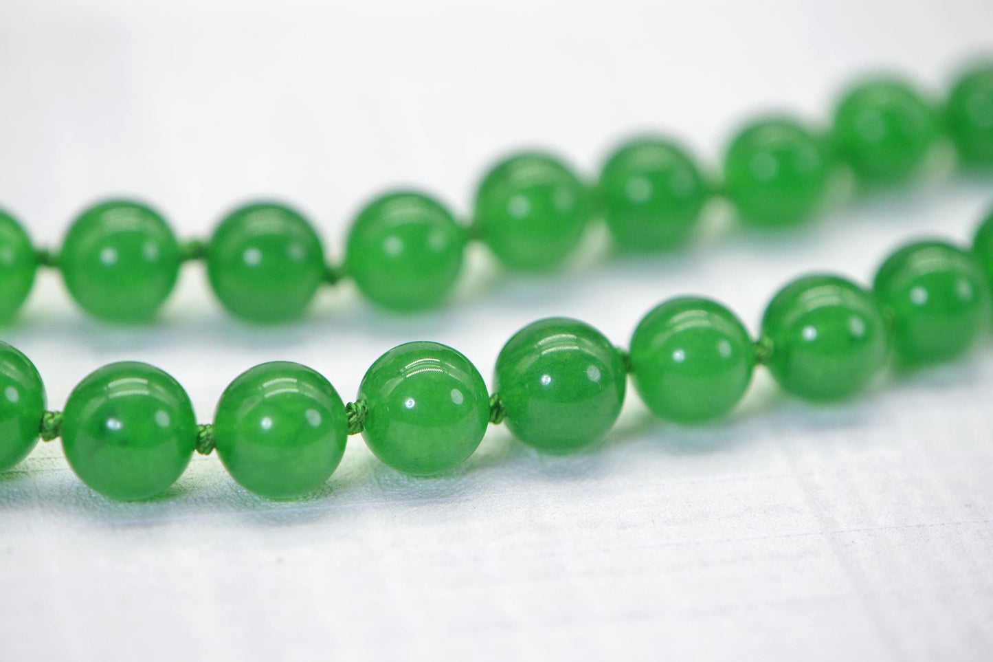 Apple Green Jadeite Knotted Necklace: 10mm Burma Jade, 26 Inch