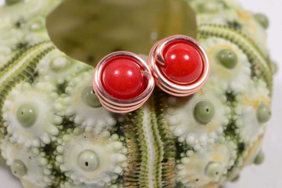 Red Coral Stud Earrings: Handmade Copper Wire Wrapped Jewelry