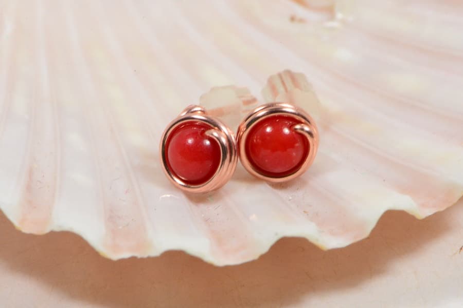 Red Coral Stud Earrings: Handmade Copper Wire Wrapped Jewelry