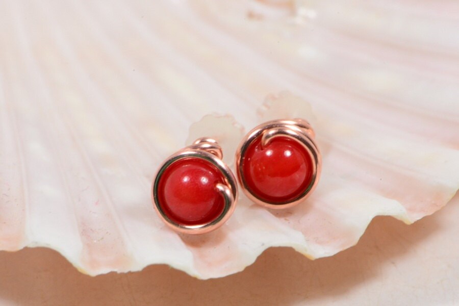 Red Coral Stud Earrings: Handmade Copper Wire Wrapped Jewelry
