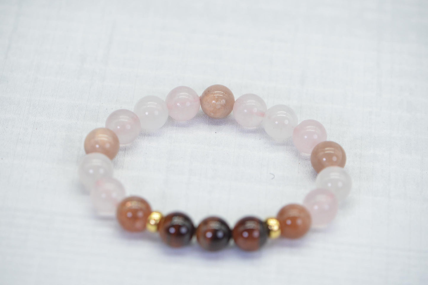 Red Tiger Eye Rose Quartz Bracelet with Moonstone & 14K Gold Beads