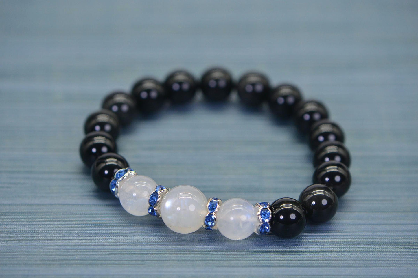 Black Obsidian & Moonstone Bracelet | Blue Crystal Rondelle Accents