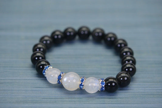 Black Obsidian & Moonstone Bracelet | Blue Crystal Rondelle Accents
