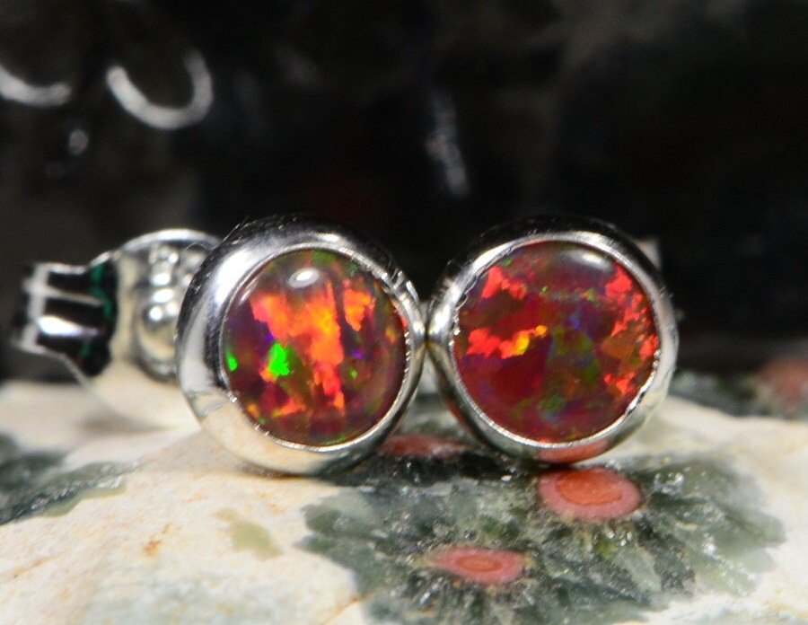Black Fire Opal Sterling Silver Stud Earrings: Tiny Gemstone Jewelry