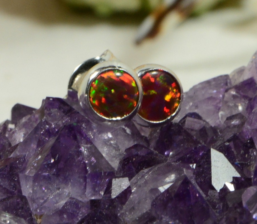 Black Opal Stud Earrings Tiny Post Earrings Bezel Setting Gemstone Jewelry Birthstone October