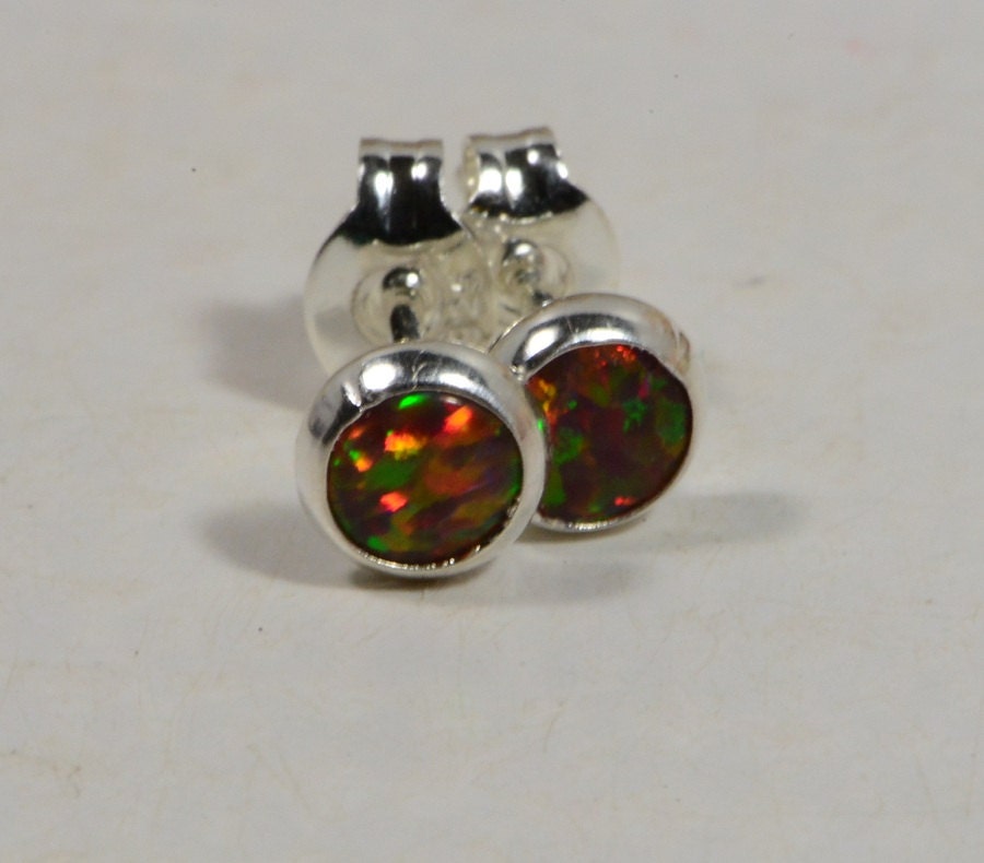 Black Opal Stud Earrings Tiny Post Earrings Bezel Setting Gemstone Jewelry Birthstone October