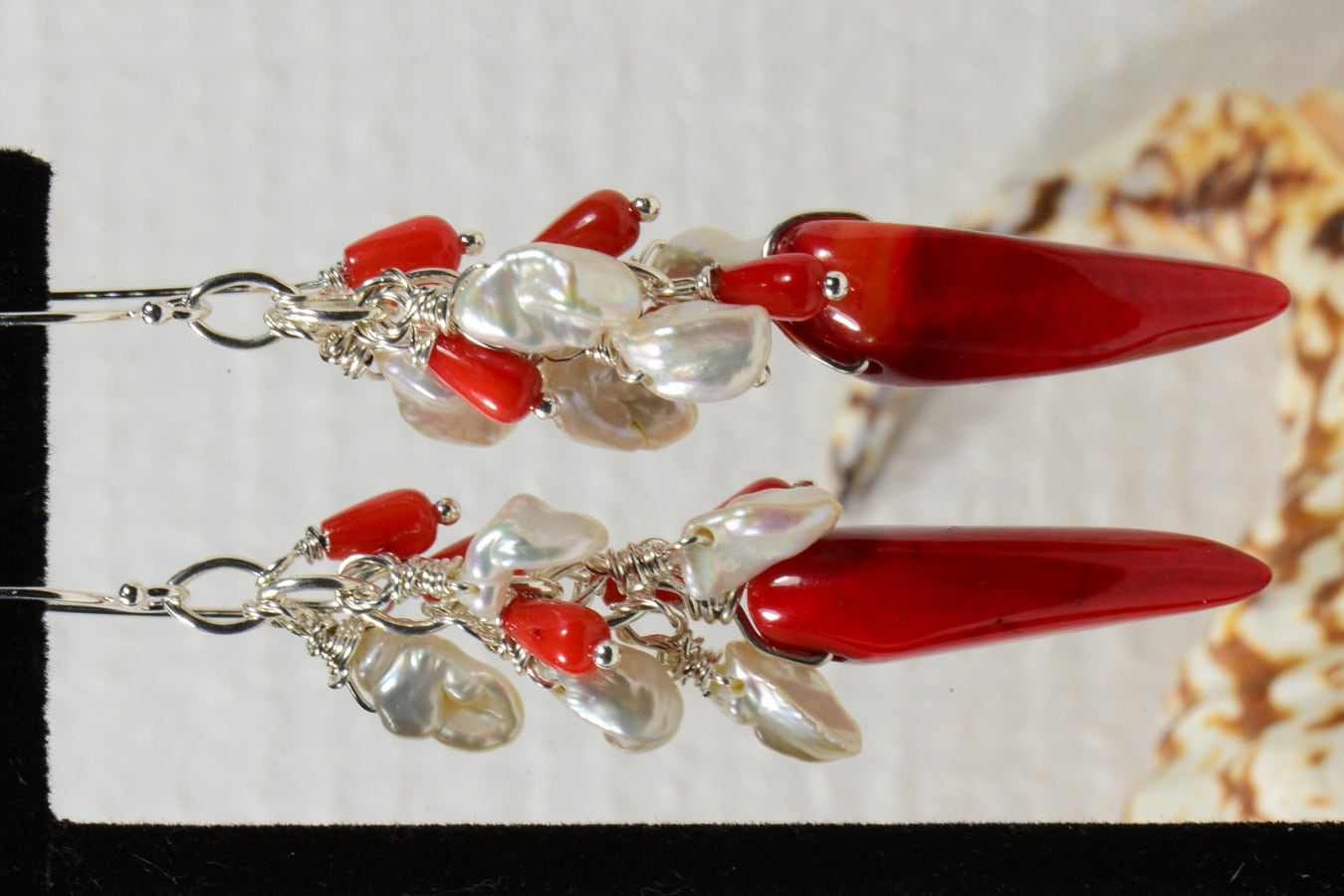 Red Coral & Keshi Pearl Sterling Silver Dangle Earrings