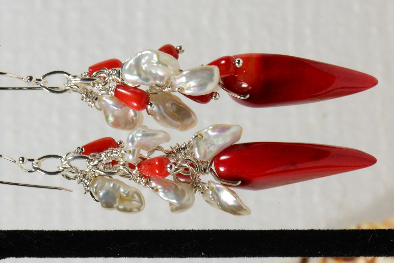 Red Coral & Keshi Pearl Sterling Silver Dangle Earrings